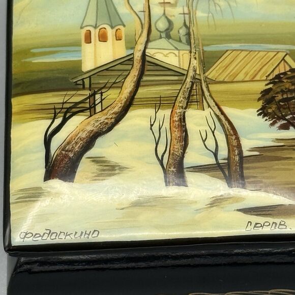 Russian Lacquer Trinket Box The Rooks Have Returned Mother of Pearl Inlay Signed - Picture 2 of 10